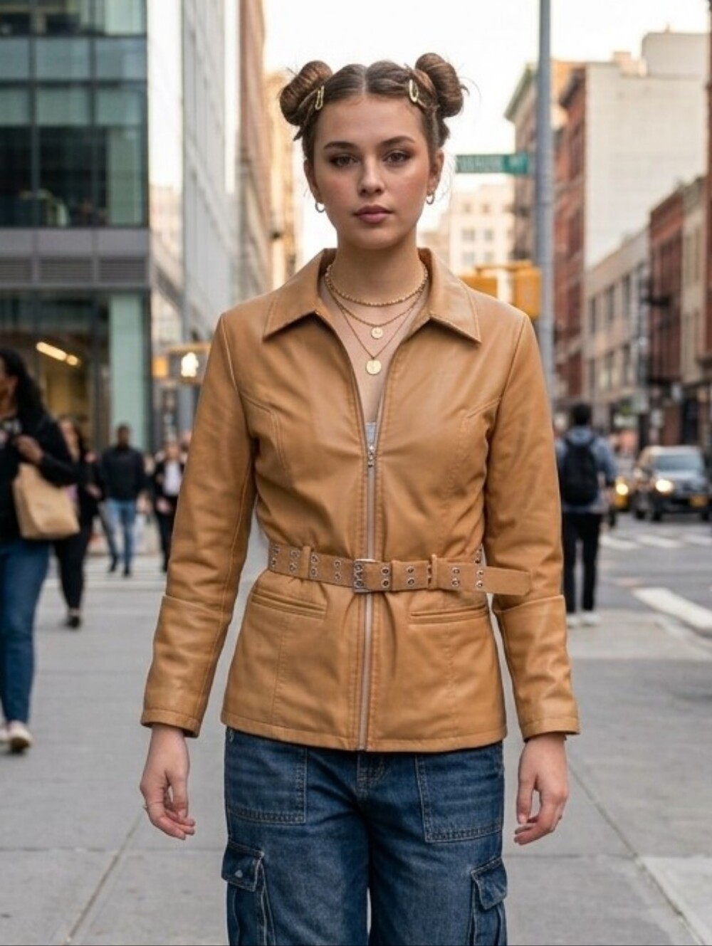 Rave M Vintage 90s Y2K Utility Streetwear Camel Faux Leather Belted Jacket